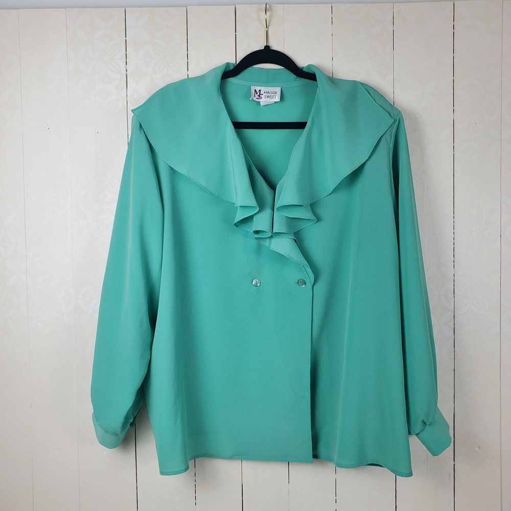 Maggie Sweet Seafoam Green Ruffle Collar Blouse Double Breasted Vintage Style 2X